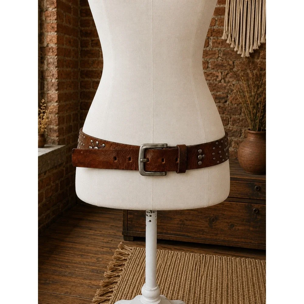 VTG Genuine Leather Studded Belt Brown Western Boho M Festival Grunge Y2K